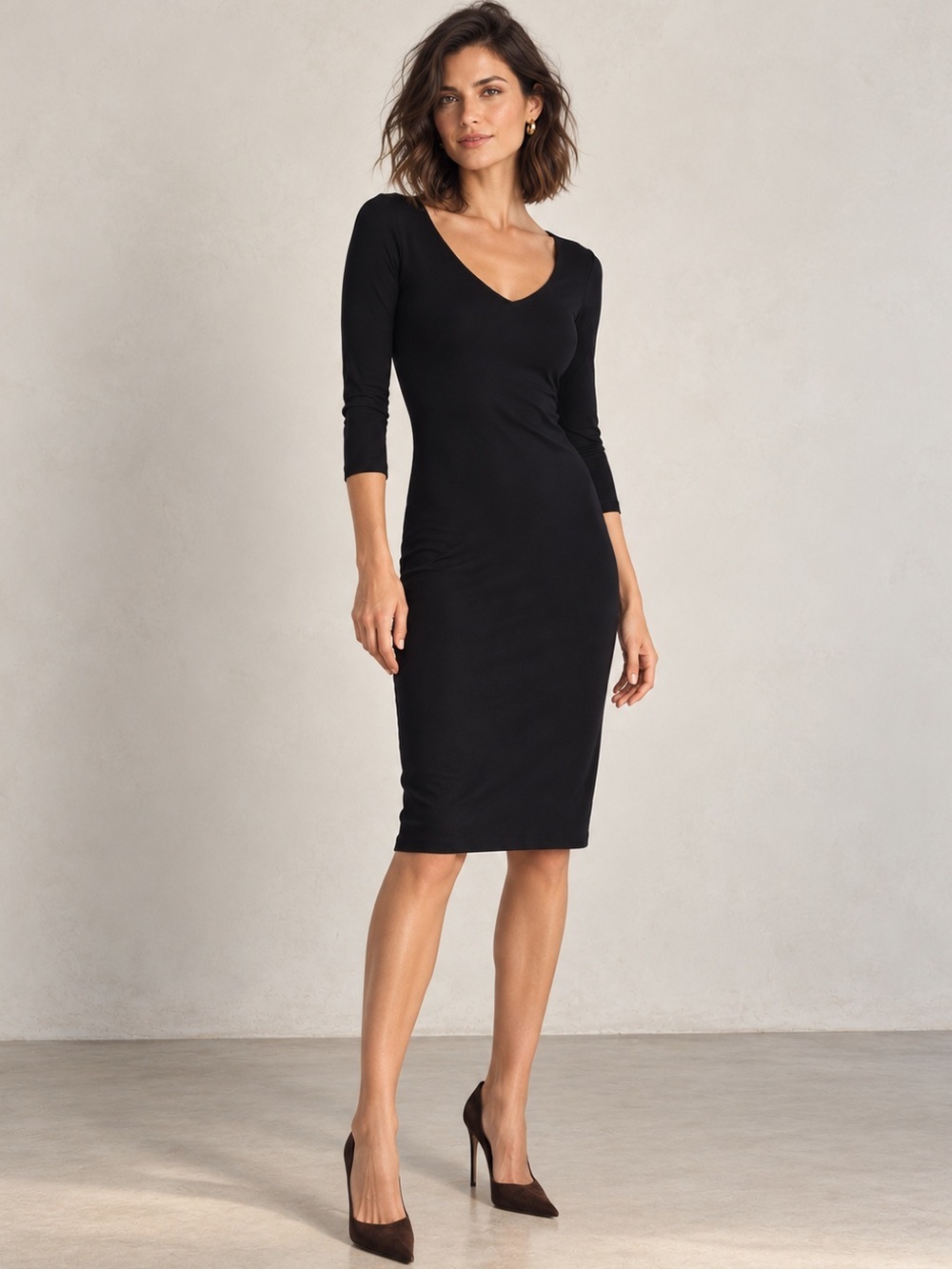 Susana Monaco Black V Neck Midi Dress Fitted Stretch Knit Small